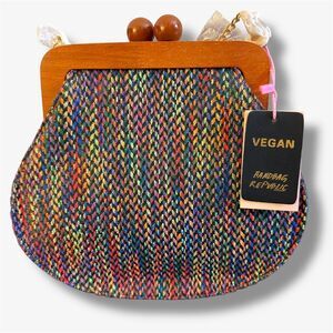 Handbag Republic Boho Chenille Crossbody Bag – Black Multi with Wooden Frame